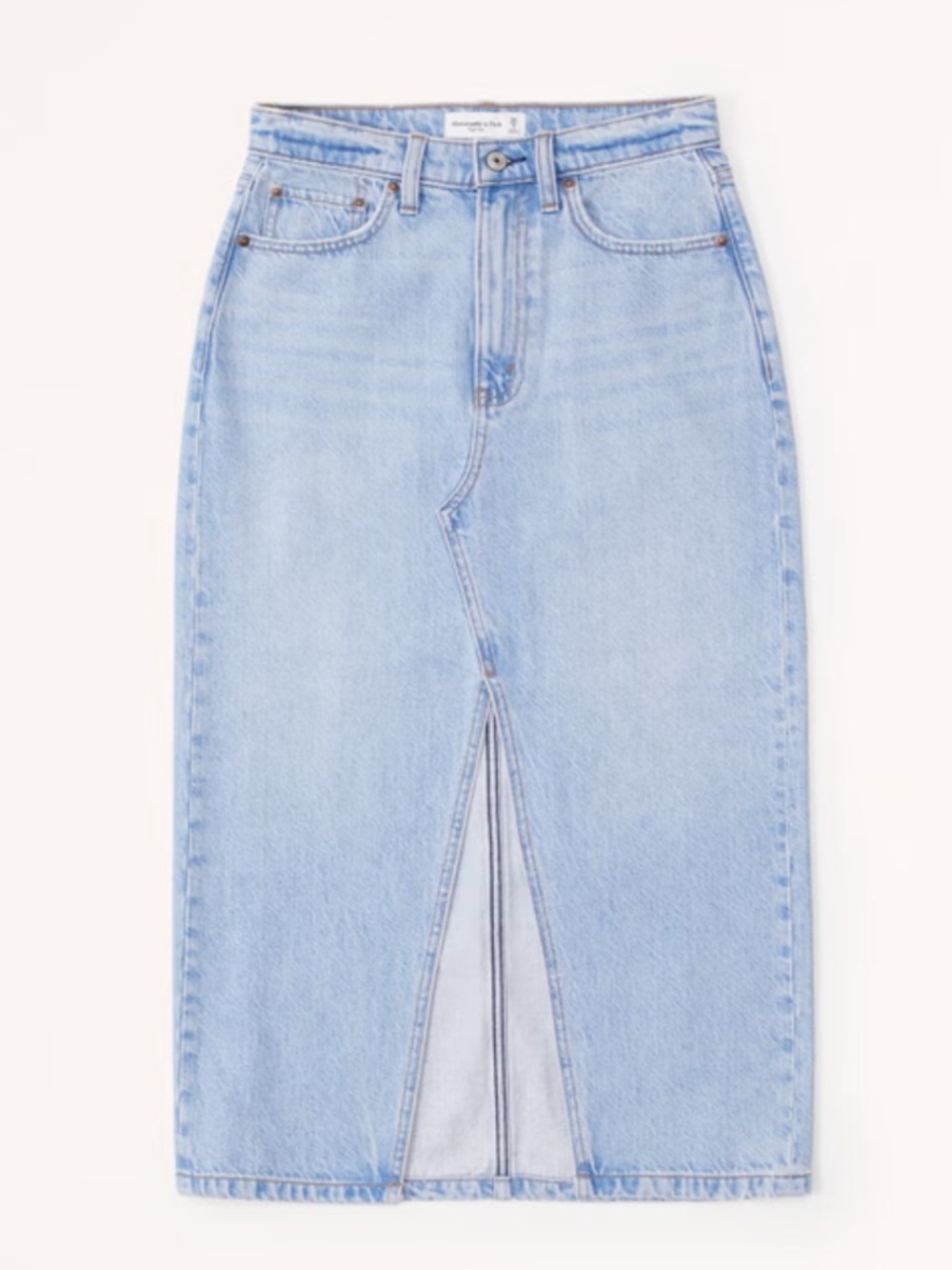 NWT: Abercrombie & Fitch High Rise Light Denim Midi Skirt - Picture 6 of 8